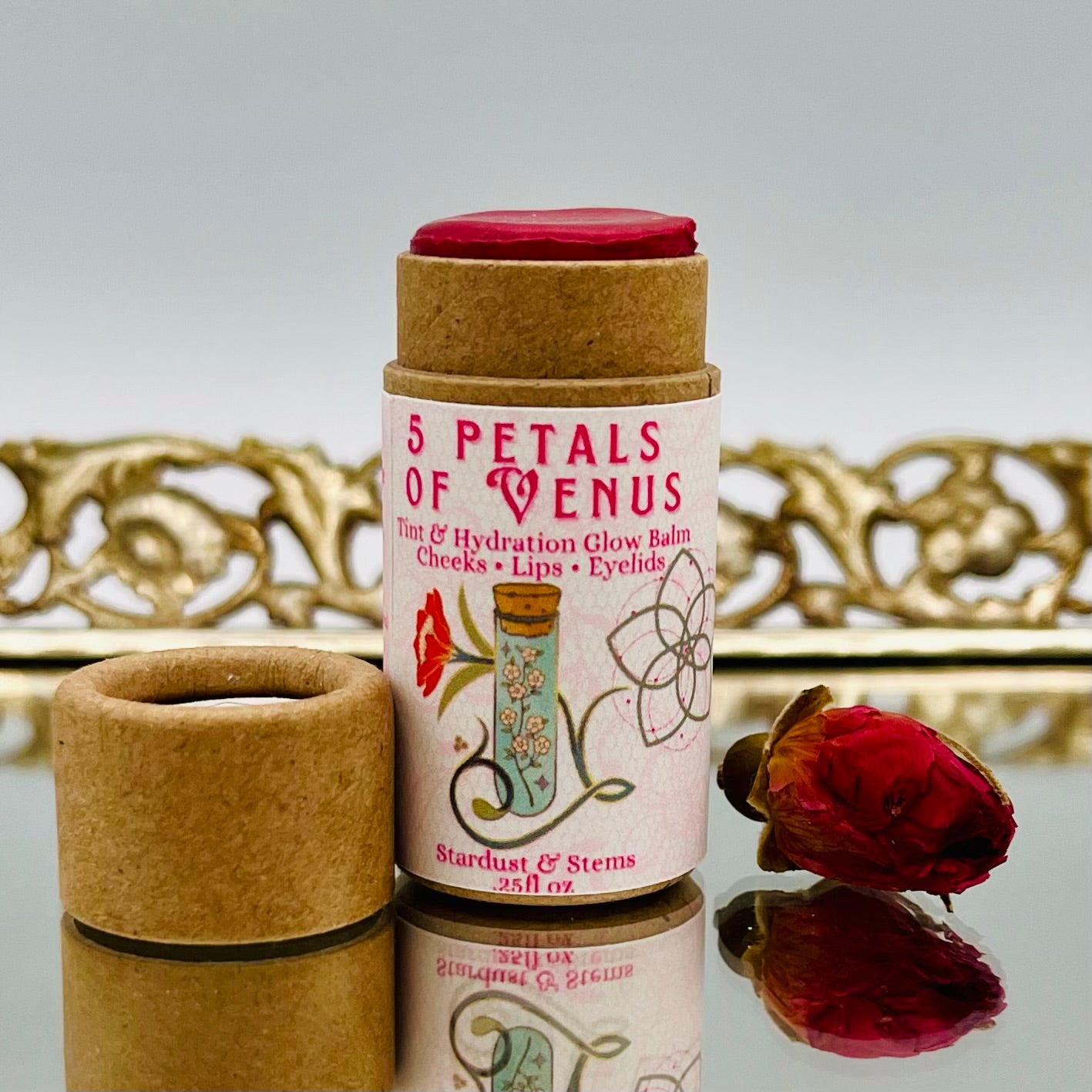 5 Petals of Venus, Handmade Eco Friendly Natural Lip and Cheek Stain, Lip Tint Pitta, Vegan Tint, Vegan Plastic Free Makeup Kit with Glitter